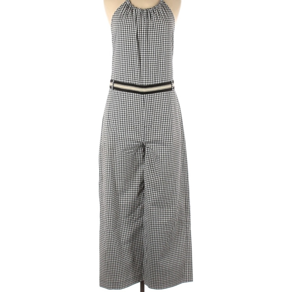 Laveer Gingham Halter Newport Jumpsuit Black White Cropped Wide Leg Pants